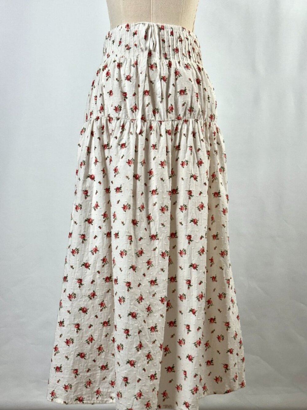 Forever 21 Swiss Dot Cotton Tiered Midi Skirt Rose Floral Cottagecore Romantic